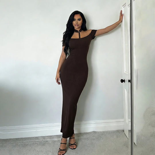 Damen Off-Shoulder Maxikleid mit elegantem Choker EB