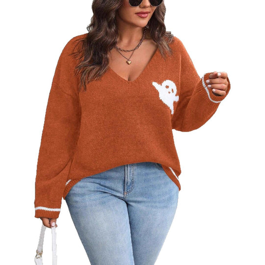 Damen Strickpullover mit Ghost-Motiv und V-Ausschnitt EB