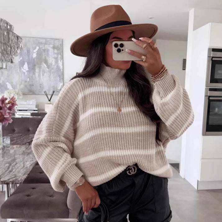 Damen gestreifter Oversized-Pullover mit modischem Rollkragen EB