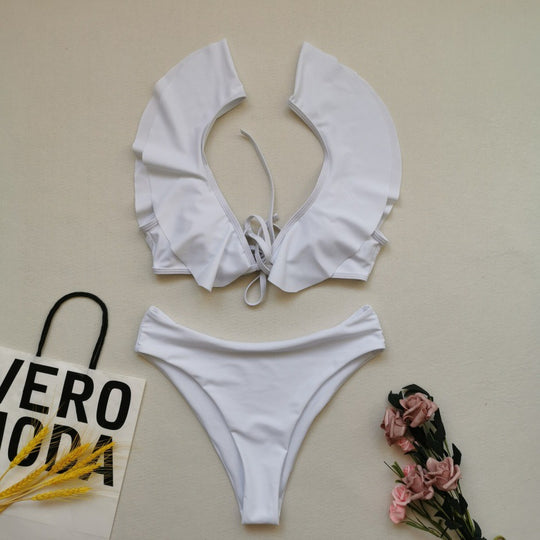 Damen Bikiniset mit Rüschen und Pflanzenmuster EB
