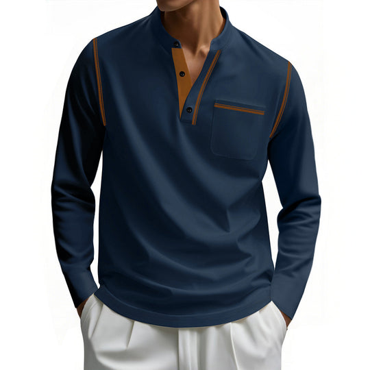 Herren nan Henley-Langarmshirt mit Stehkragen, Brusttasche und kontrastierenden Ziernähten EB