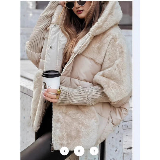 Damen nan gesteppte Kurzjacke mit Teddyfell-Einsätzen, Kapuze und integrierten Rippbündchen EB