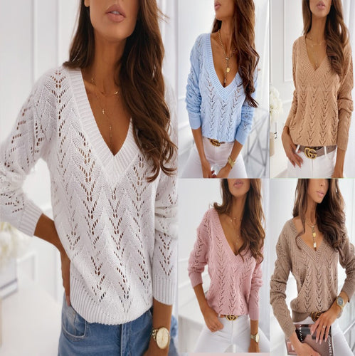 Damen Strickpullover mit V-Ausschnitt und luftiger Lochmusterstruktur EB