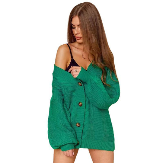 Damen Grobstrick Cardigan mit V-Ausschnitt und Knopfdetails EB