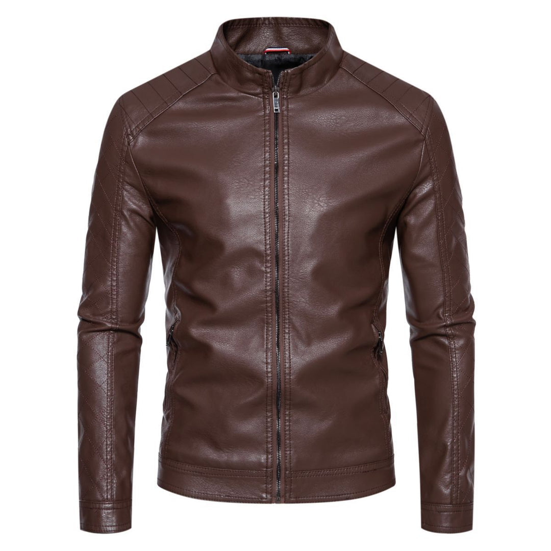 Herren nan taillierte Lederimitat-Bikerjacke mit Stehkragen und gesteppter Ärmeldetail EB