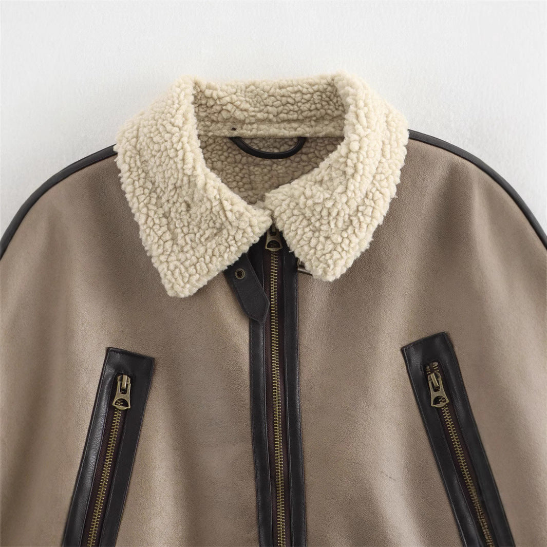 Damen Kurze Teddyfelljacke mit akzenten EB
