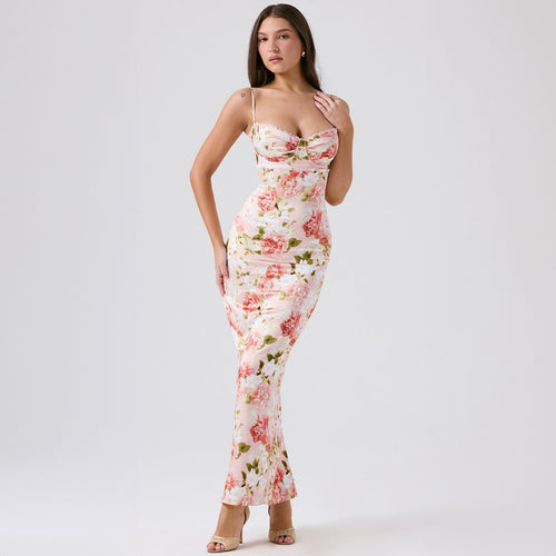 Damen Elegantes figurbetontes Maxikleid mit floralem Design EB