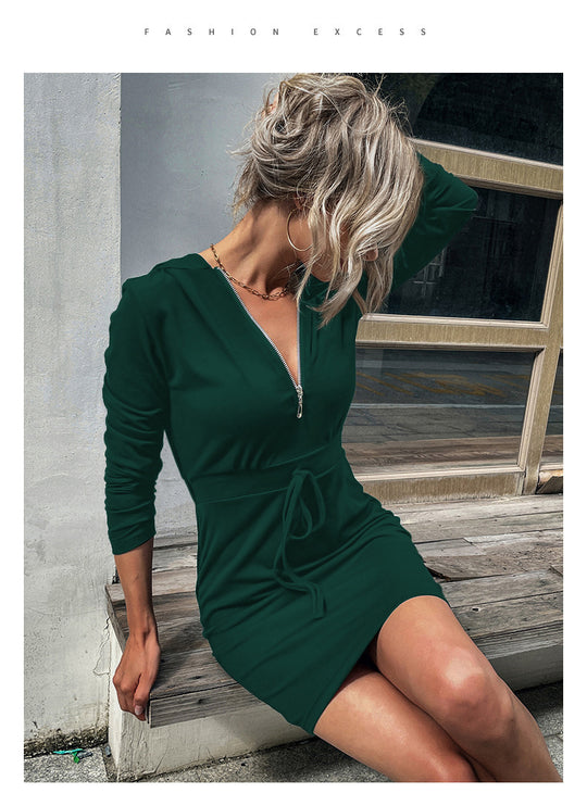 Damen Kapuzenkleid mit Reißverschluss und Taillenzug EB