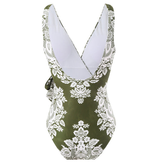 Damen Einteiler Badeanzug mit modischem Wickeldesign und floralem Muster EB