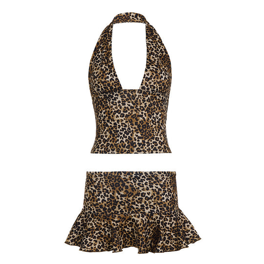 Damen Tiermuster Bikini-Set mit fließendem Rock EB