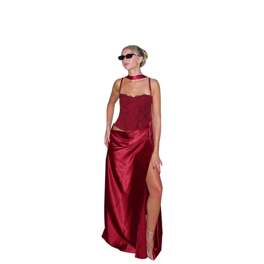 Damen elegantes Maxikleid mit Spitzenoberteil und fließendem Rock EB