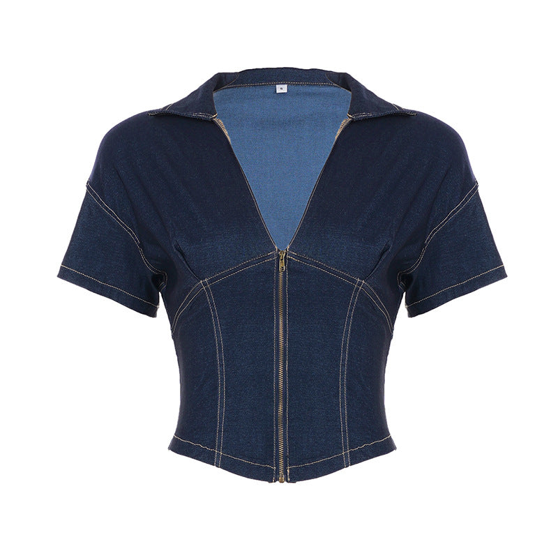 Damen Kurzarm Denim-Jacke mit teilbarem Reißverschluss und modischem Schnitt EB