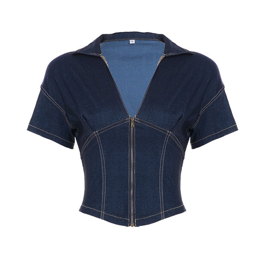 Damen Kurzarm Denim-Jacke mit teilbarem Reißverschluss und modischem Schnitt EB