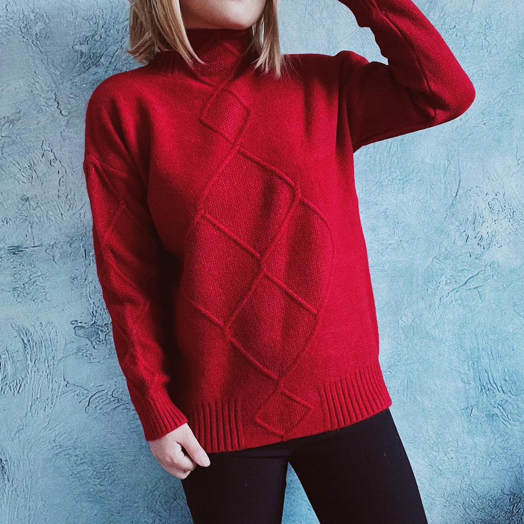Damen Grobstrickpullover mit elegantem Rautenmuster und hohem Kragen EB