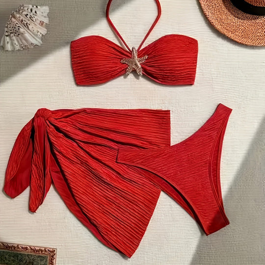 Damen Bandeau-Bikini-Set mit verspieltem Wickelrock und funkelndem Starfish-Detail EB