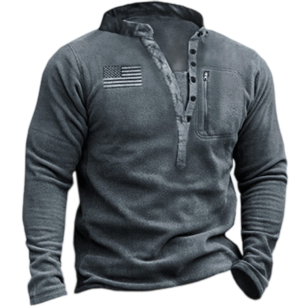 Herren thermischer Henley-Fleecepullover mit Brust-Reißverschlusstasche und Camouflage-Detail EB