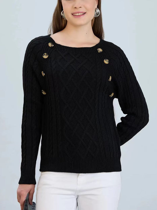 Damen Strickpullover mit klassischem Rautenmuster und dekorativen Knöpfen EB