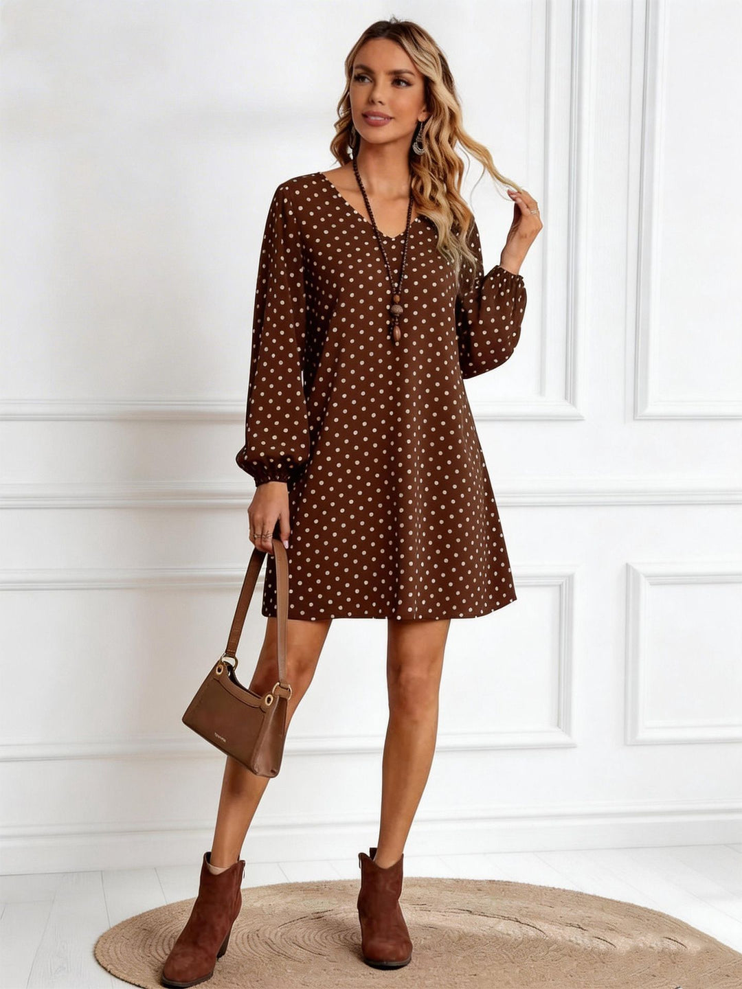 Damen Lockeres Tupfen‑Minikleid mit V‑Ausschnitt, Ballonärmeln und schwingender A‑Linie EB