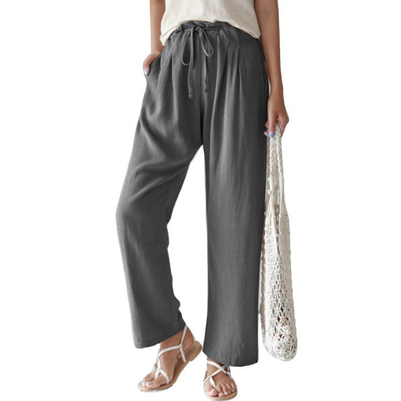 Damen nan lässige Leinenhose mit weitem Bein, elastischem Bund und Seitentaschen EB