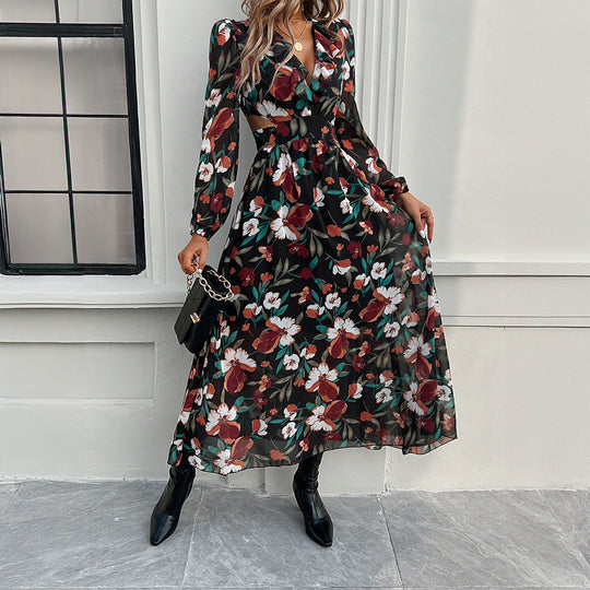 Damen nan luftig-fließendes Chiffon-Maxikleid mit Taillen-Cutouts, Rüschen-V-Ausschnitt und langen, transparenten Ärmeln EB