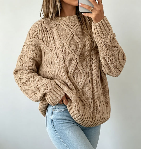Damen Oversize Flechtstrick-Pullover mit Zopfmuster und Rundhals EB