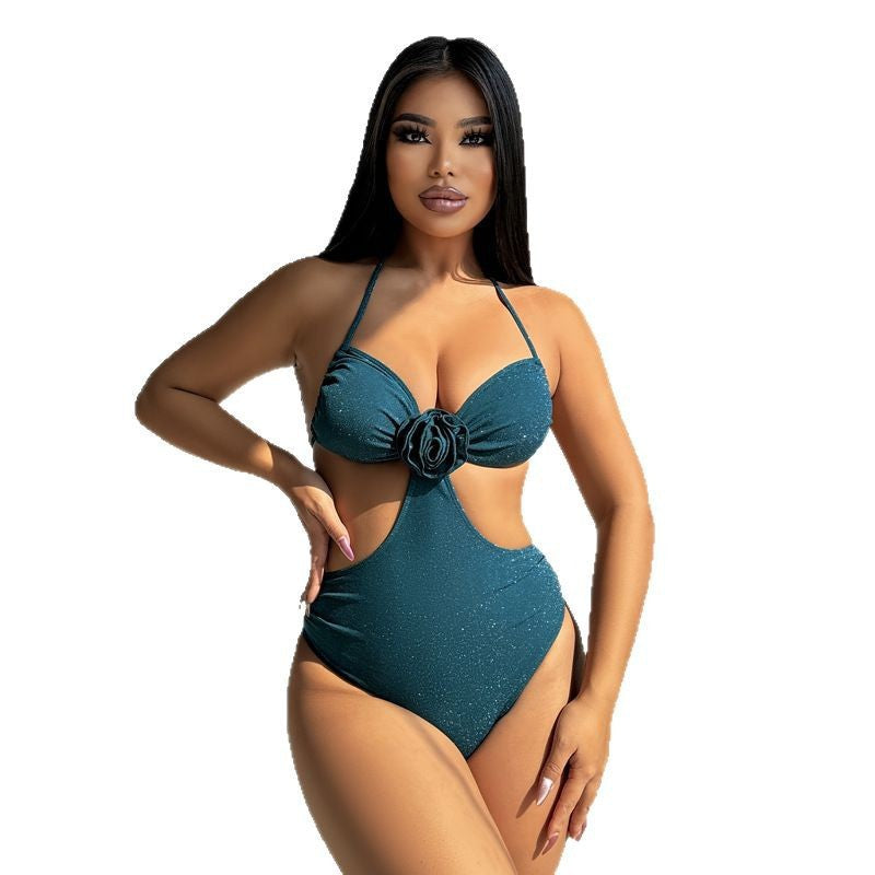 Damen Einteiliger Cut-Out Badeanzug mit floralem Design und glamourösen Akzenten EB