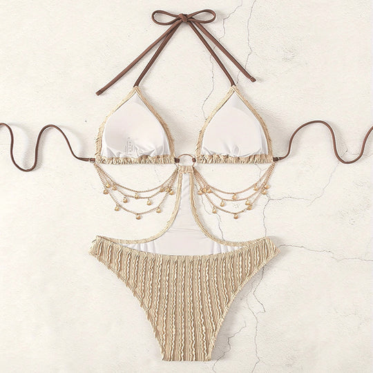 Damen Triangel-Bikini mit glänzenden Kettenakzenten und raffiniertem Design EB