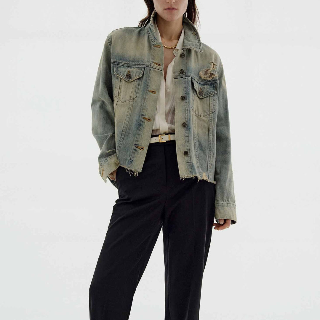 Damen nan oversized Destroyed-Denimjacke mit rohem Saum, aufgesetzten Brusttaschen und vintage Waschung EB