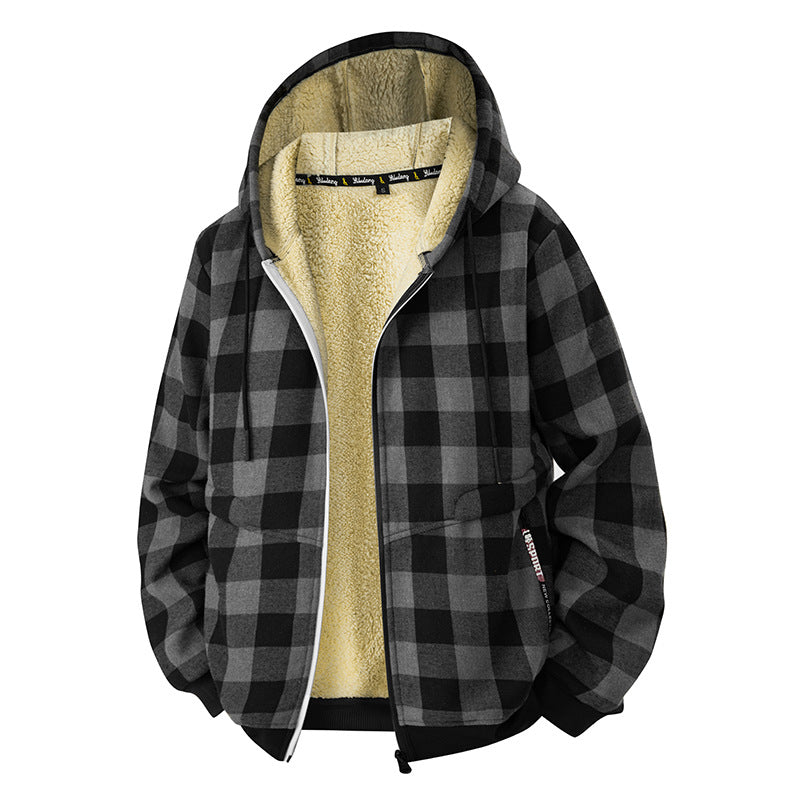 Herren karierte Teddyfleece Kapuzenjacke mit Sherpa-Innenfutter und Reißverschluss EB
