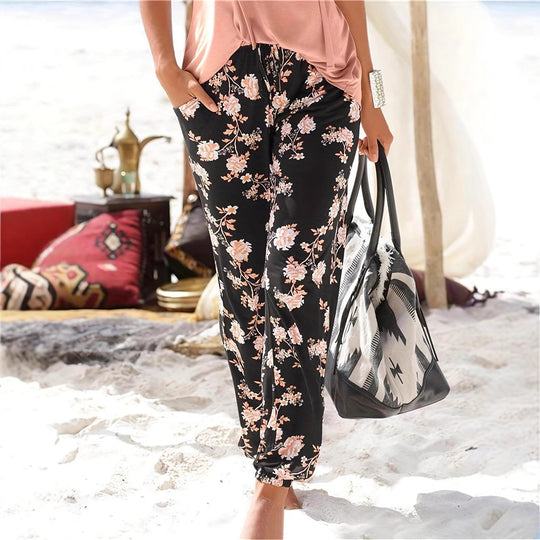 Damen elegante Freizeit-Hose mit floralem Muster und elastischem Bund EB