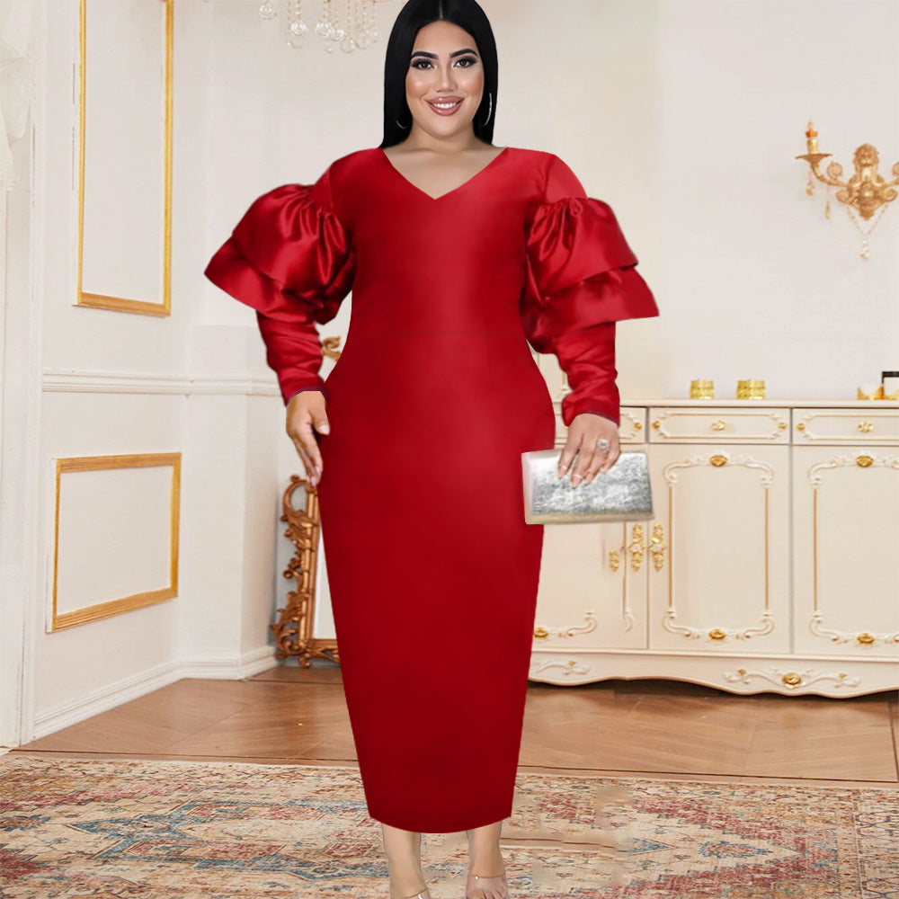 Damen Langarmkleid mit voluminösen Puffärmeln und V-Ausschnitt EB