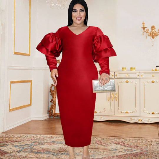 Damen Langarmkleid mit voluminösen Puffärmeln und V-Ausschnitt EB