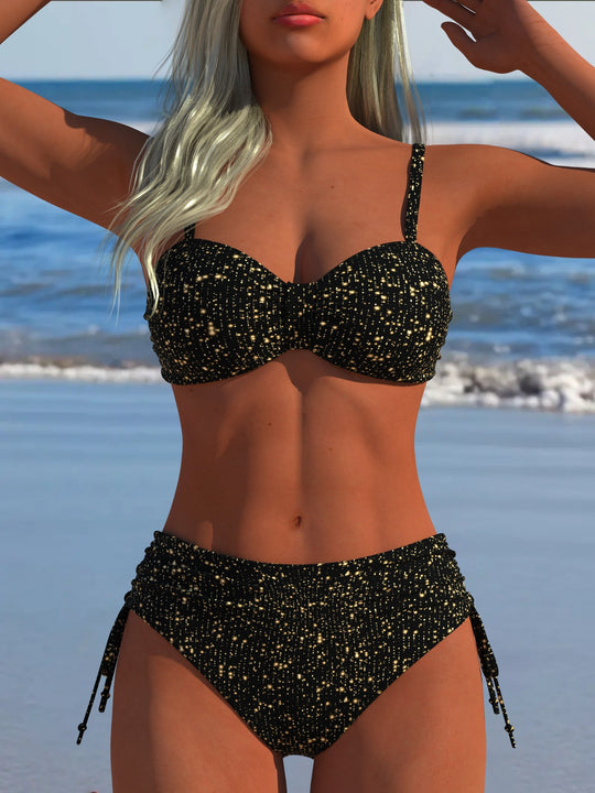 Damen Bikini-Set mit stilvollem Karomuster und goldfarbenen Akzenten EB