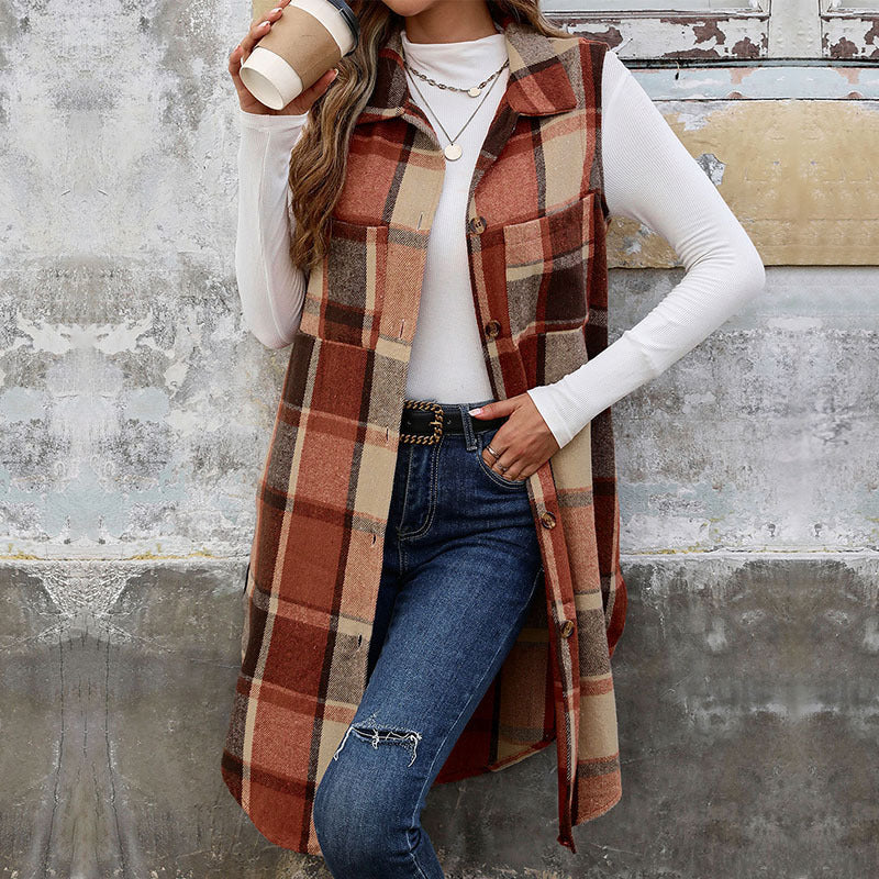 Damen Langarm-Weste mit Karo-Muster und praktischen Taschen EB
