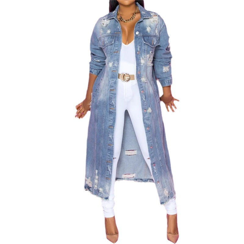 Damen nan langärmliges Jeans-Maxikleid mit Knopfleiste und Used-Details EB