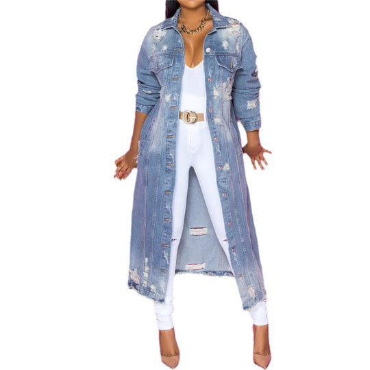 Damen nan langärmliges Jeans-Maxikleid mit Knopfleiste und Used-Details EB