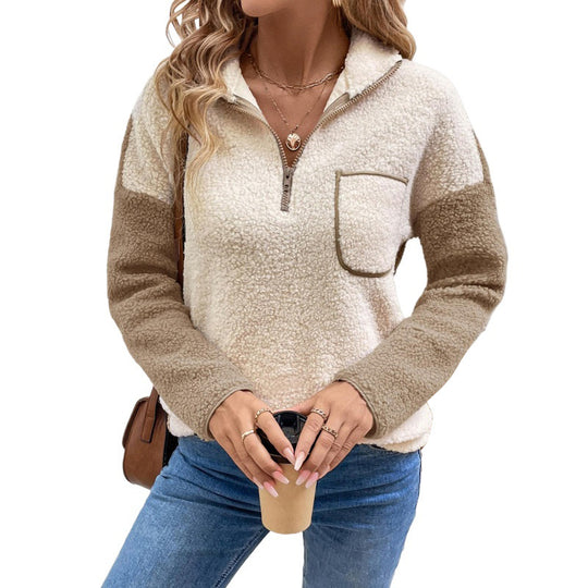 Damen Teddy-Fleece-Pullover mit halbem Reißverschluss, Kontrastärmeln und Brusttasche EB