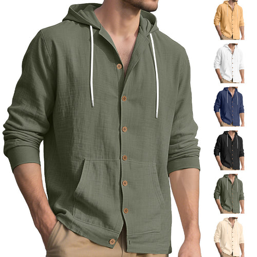 Herren nan leichtes Kapuzen-Übershirt im Crinkle-Look mit Holzknopfleiste und Kängurutasche EB