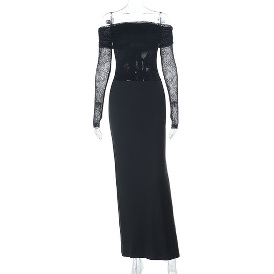 Damen schulterfreies Abendkleid mit Spitzenärmeln und langer Silhouette EB