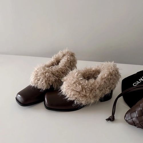 Damen modische Stiefeletten mit kuscheligem Fellkragen und robustem Blockabsatz EB