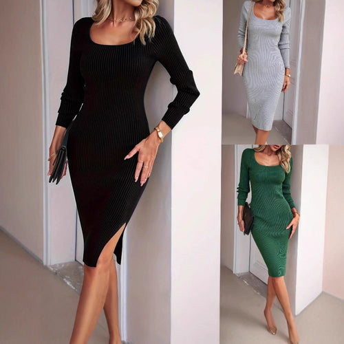 Damen Strickkleid mit längeren Ärmeln und modernem Rundhalsausschnitt EB