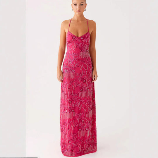 Damen Elegantes Maxikleid mit floralem Perlenstick und feinen Spaghetti-Trägern EB