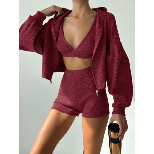 Damen nan kurzes geripptes Lounge-Set mit Kapuzen-Zipjacke und Highwaist-Shorts EB