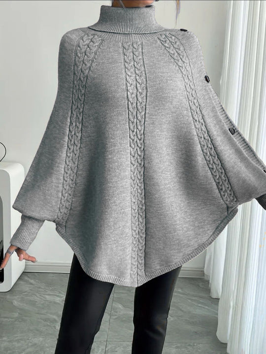 Damen Eleganter Strickponcho mit Rollkragen und Zopfmuster EB