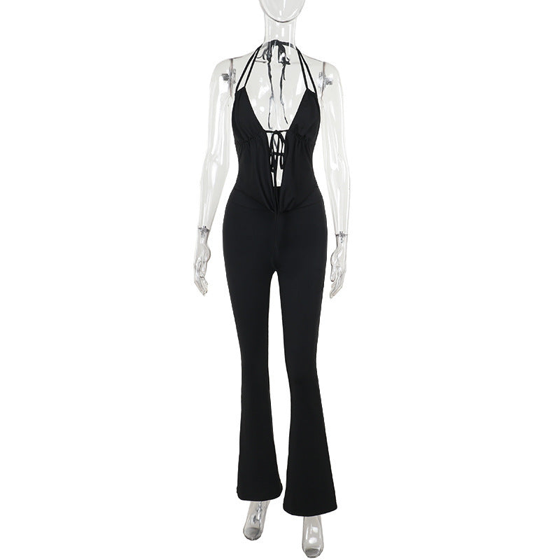 Damen stilvoller Jumpsuit mit tiefem V-Ausschnitt und Schnürung EB