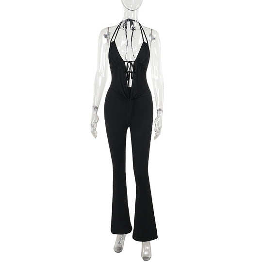 Damen stilvoller Jumpsuit mit tiefem V-Ausschnitt und Schnürung EB