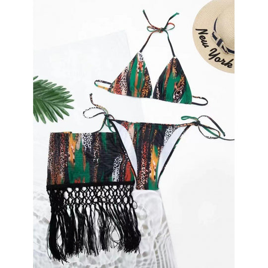 Damen Bikini-Set mit trendigem Fransenüberrock und verstellbaren Trägern EB