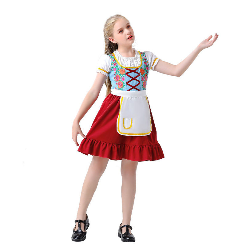 Damen nan nostalgisches Trachten-Kostümkleid mit geschnürtem Mieder, Rüschenkragen und abnehmbarer Schürze EB