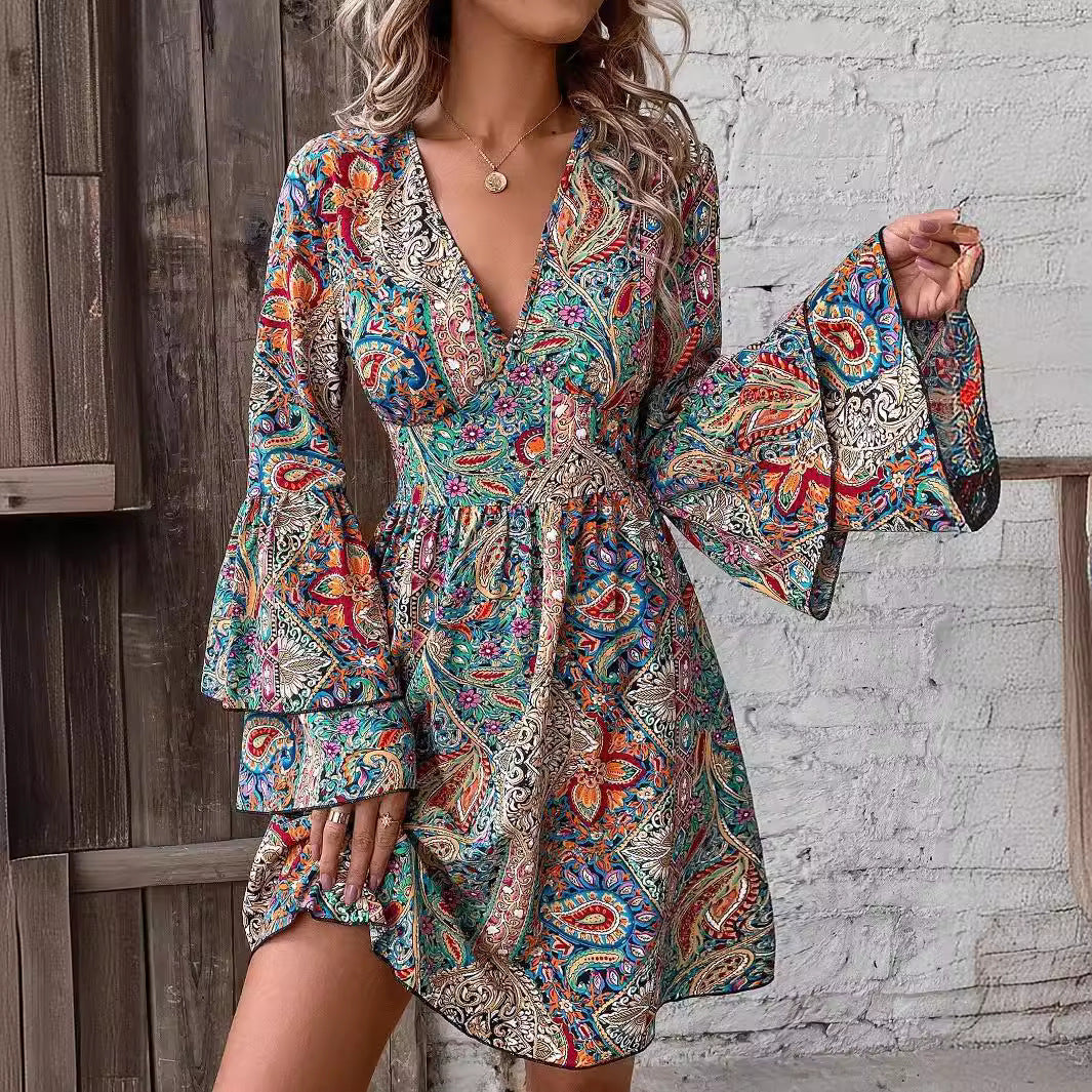 Damen Modisches Wickelkleid mit Paisley-Muster und Volantärmel EB