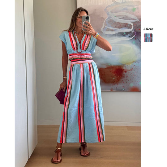 Damen Strandmaxi-Kleid mit elastischem Taillenbund und buntem Streifenmuster EB